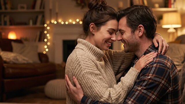A couple share an embrace in a cozy home setting. Warm lighting, a fireplace, and Christmas lights create a romantic and festive mood. The pair hug, smile, and enjoy a tender moment. This scene ideal