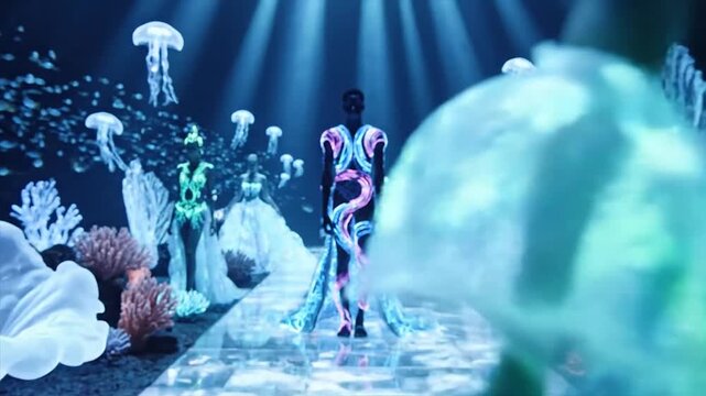 Fashion show with models in glowing outfits on an underwater runway.