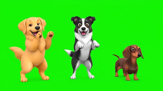 Cartoon dogs dance joyfully, golden retriever, border collie and dachshund friends, fun animation, on chroma key for easy compositing.