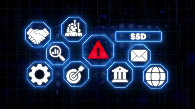 Digital Warning Signs Set with S D Concept on Dark Background with Blue Neon Lights signs ssd concept