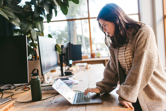 Concentrated mature female business expert working on laptop in new office