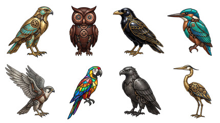 Obraz premium Steampunk bird set including mechanical owl, hawk, kingfisher, heron, and parrot designs isolated. Metallic avian illustration collection for fantasy and craft projects.