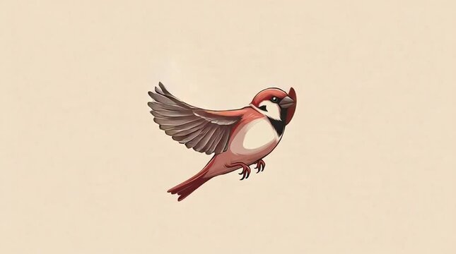 A realistic illustration of a house sparrow in mid-flight against a soft peach background with warm tones in a minimalist style loop