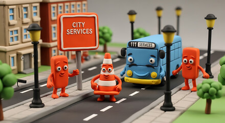 Fototapeta premium City services truck driving down a road with anthropomorphic characters and street lamps