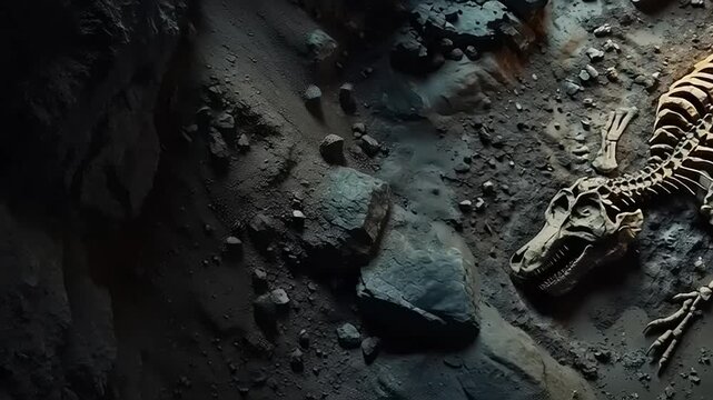 Dinosaur skeleton fossil unearthed from ancient earth and rock layers.