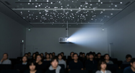 Selective focus to business woman with blurry business man speaking to desktop conference microphones and projector in a meeting room. Background of business meeting and presentation.