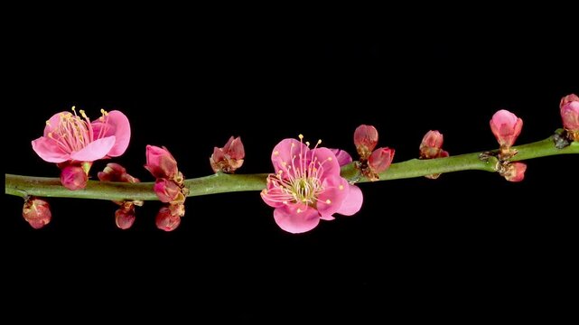 Japanese New Year Flower Series - Spring Awakening: 4K Time-lapse of Multiple Red Plum Flowers Blossoming on Young Green Branch, Black Background