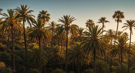 Obraz premium Panoramic shot of lush palm trees on a hillside, bathed in sunlight
