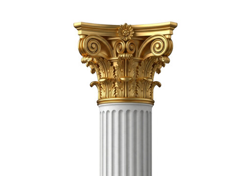 Ornate corinthian column capital with white marble column isolated on transparent background