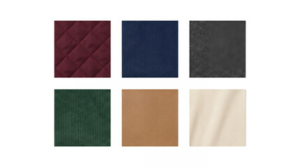 Fototapeta premium Textile fabric swatches set including quilted burgundy, navy linen, grey felt, green corduroy, brown leather, and cream cotton isolated. Material sample collection for interior design.