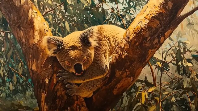 Koala sleeping peacefully in a eucalyptus tree branch.