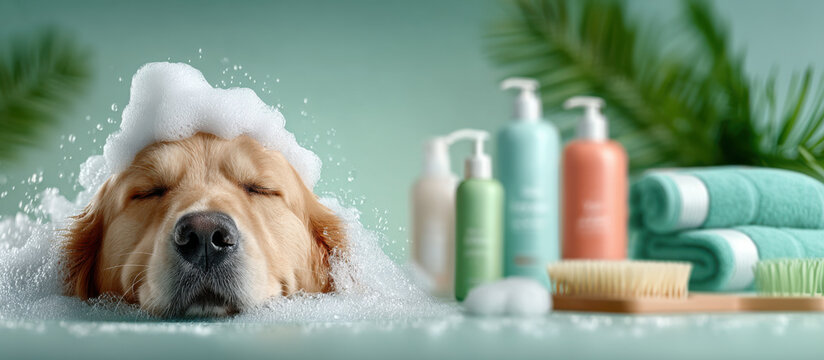 Close-up of a happy Golden Retriever's head with shampoo foam on its fur, surrounded by various pet care bottles. Perfect for advertising dog spas and premium animal cosmetics, with copy space.