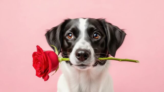Black and white dog holds red rose in mouth against a soft pink background, showcasing a charming and playful expression throughout the frames
