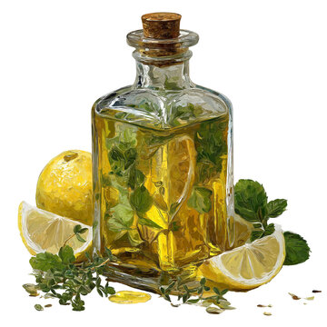 Artistic rendering of a square glass bottle filled with golden infused oil containing fresh green herbs and bright yellow lemon slices resting beside whole and halved citrus fruit.