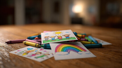 Fototapeta premium Playful Crayon Artworks on Wooden Surface with Colorful Drawings and Bright Designs Captured in Warm Lighting