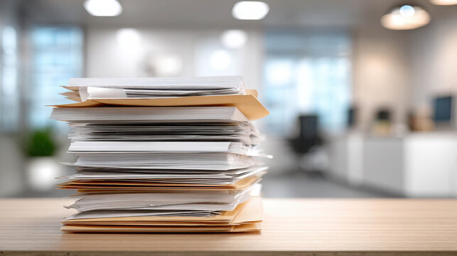 Busy office corner with paperwork, folders, and forms stacked on a desk in bright and modern workspace setting for organizational insights