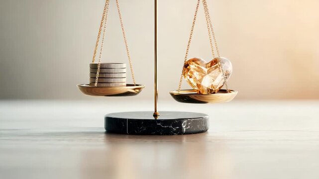 Balance scale with stacked coins on one side and a heart-shaped crystal on the other, showcasing contrasting values in a serene setting