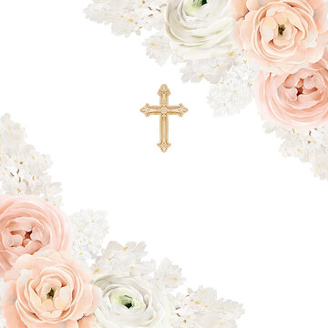 Watercolor floral frame with Christian cross and spring flowers. Hand painted illustration. Religious border template for Easter cards, baptism invitations, church prints and spiritual design.