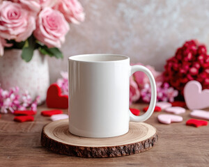 White Mug on Wooden Coaster with Valentine Decor