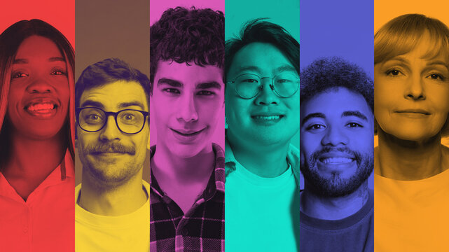 Inclusive collage diverse people portraits in vibrant color panels. Concept of diversity, inclusiveness, equality, modern workplace culture, corporate values, HR communication, positive representation