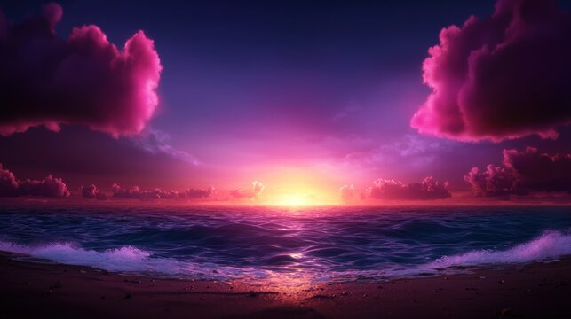 Vibrant sunset occurs over ocean waves crashing on a sandy beach shore with dramatic purple clouds.