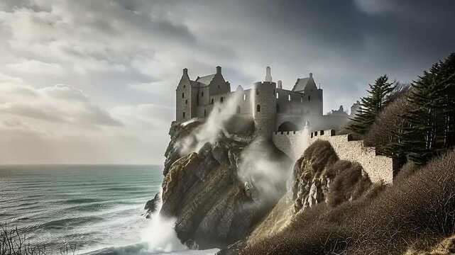 Mystical Castle on Cliff by Ocean.