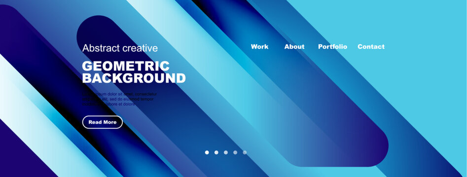 Abstract blue geometric design. Website header with navigation options, text, button. Modern style, vibrant colors, clean layout.