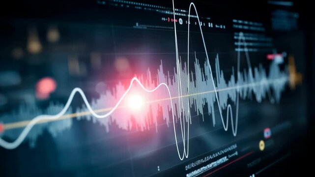 Abstract digital waveform with glowing data lines and moving signals, visualizing sound frequency analytics, scientific research and futuristic technology interface for data flow
