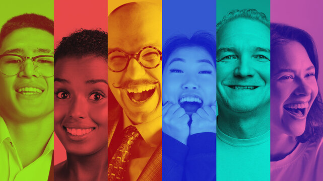 Colorful collage of diverse people faces representing inclusiveness. Concept of diversity, inclusive workplace, equality, modern corporate culture, global communication, and human resources messaging.