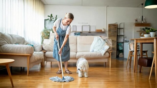 Young woman cleans living room with a mop while dog stays nearby, capturing everyday home routine responsibility and freshness, calm domestic lifestyle indoors