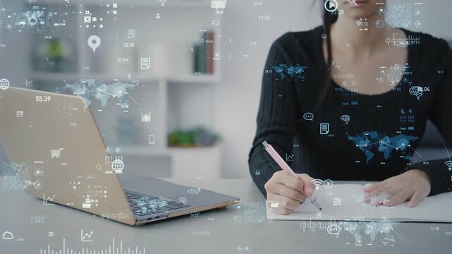 Digital technology concept with woman studying using laptop