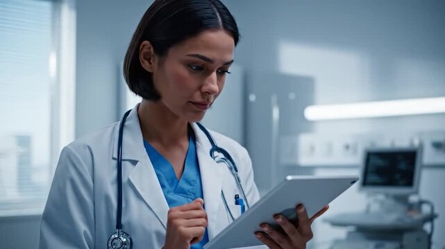 Female doctor using digital tablet during medical shift in modern hospital clinic with healthcare equipment