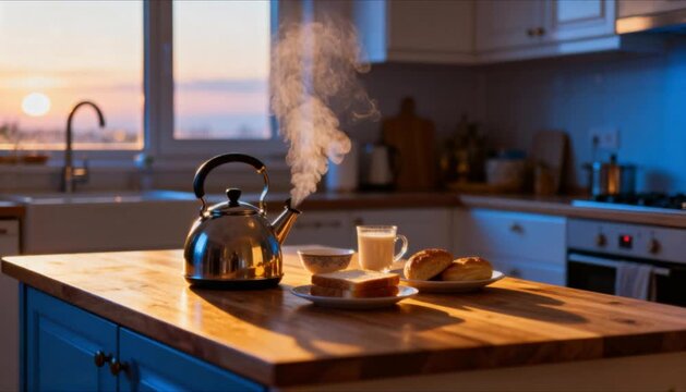 calm suhoor kitchen scene steaming kettle pre dawn light perfect for islamic celebrations