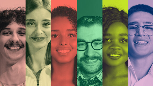 Inclusive composition of diverse faces in bold color panels. Concept of inclusiveness, human uniqueness, equal visibility, cultural identity, acceptance of differences and shared social space.