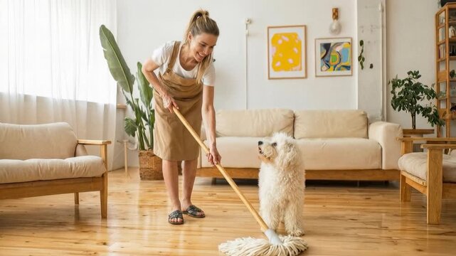 Woman cleaning living room with mop and small dog observing creating warm relatable scene of everyday housework care and calm modern home lifestyle