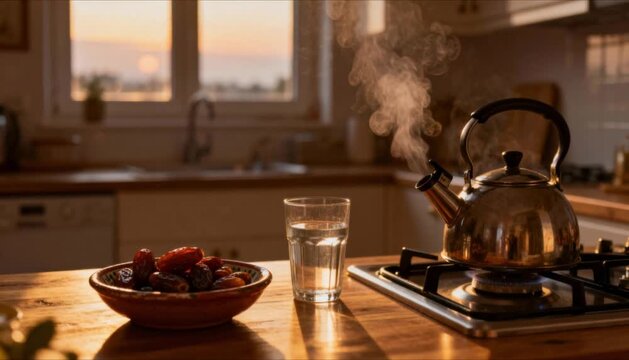 calm suhoor kitchen scene steaming kettle pre dawn light perfect for islamic celebrations