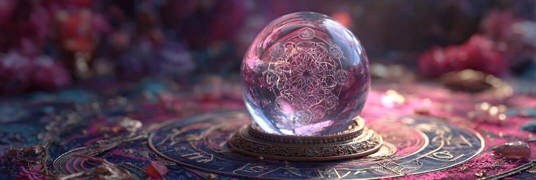 Crystal ball on tarot mat with glowing symbols in atmospheric pink and indigo