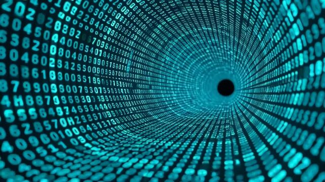 Abstract digital tunnel of glowing blue binary code data stream.