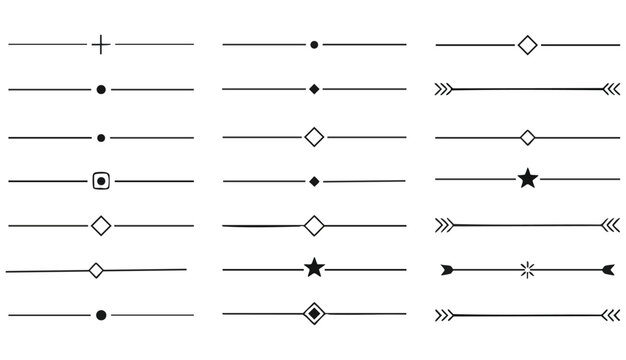 A collection of minimalist decorative horizontal line dividers arranged in three distinct columns against a stark, pure white background. Each divider consists of a thin, perfectly straight black line