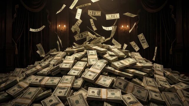 Pile of cash raining from above in dark dramatic room creating cinematic vision of sudden wealth risk temptation and chaotic money fantasy