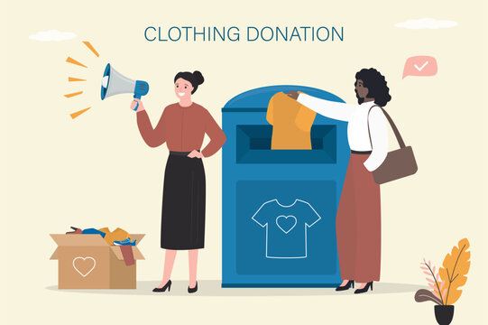 Volunteers asking for help collecting unwanted clothing. donating to charity. Woman insert clothes in street container for social humanitarian aid. Eco friendly production
