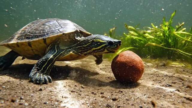 Underwater shot of a turtle near a ball with kicked-up dust, plants in background