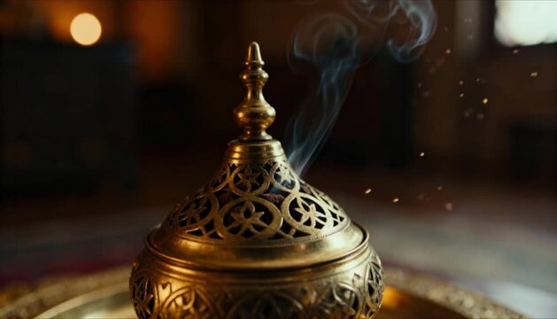 close up brass incense burner with bakhoor smoke perfect for islamic celebrations