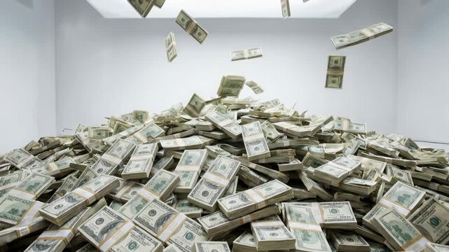 Room filled with piles of cash creating surreal interior landscape symbolizing overwhelming wealth financial obsession greed and distorted money priorities