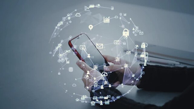 スマホを使う女性と通信ネットワークのコンセプト