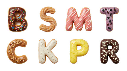 Naklejka premium Donut alphabet set including letters B S M T C K P and R with various glazes and toppings isolated. Bakery and typography collection for creative food design.
