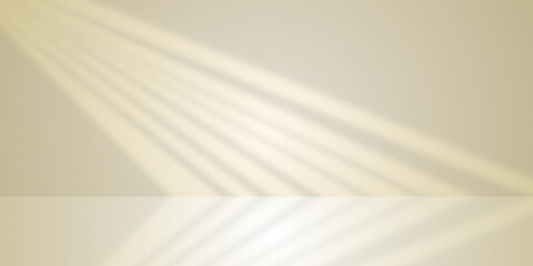 Warm beige interior wall background with light and shadows of window. Minimalist backdrop in neutral tones. Creative summer spring mockup studio backdrop project. Empty space for product display