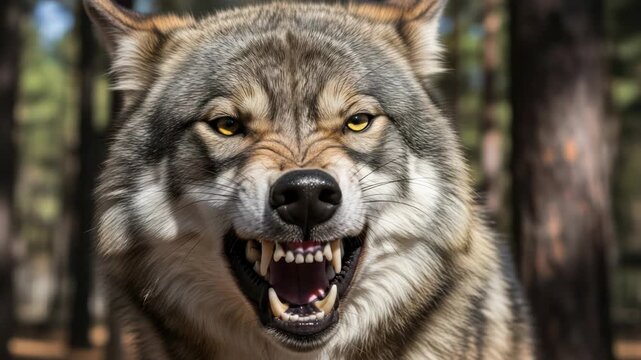 Close-up of a ferocious wolf snarling with bared teeth in a forest