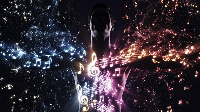 Human body silhouette with glowing musical notes