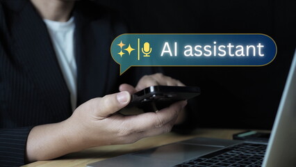 Business professional interacting with artificial intelligence system and API integration interface. Concept of AI technology, automation, data processing, software development digital transformation.